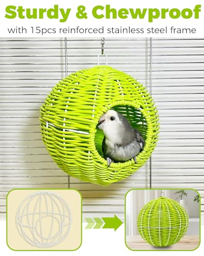 Chewproof Steel Frame Bird Nest for Cage, Washable Small Bed Hammock - S-Long Chain-green for Small Birds, Chew-resistant Steel Frame - Image 2