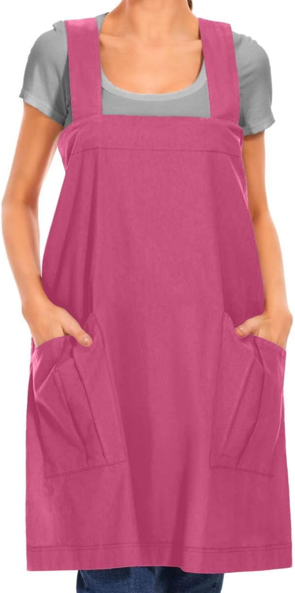 Larmliss Women's Cotton Cross Back Apron Pinafore Dress with Big Pockets Loose Square Apron for Baking Cooking Gardening