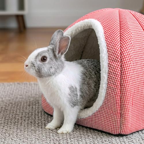 Rabbit Hideout Bed for Large Bunnies, Soft Plush Bunny House - Red, Polyester - Image 6