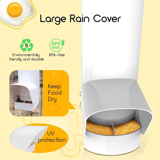 Automatic Chicken Feeder, 7lb Capacity Large PVC Poultry Feeder with Rain Cover, No-Waste Design, Easy to Install and Clean, UV-Resistant, Ideal for 4-6 Chickens