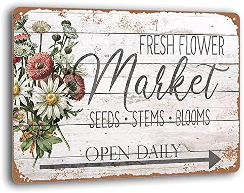 Fresh Flowers Market Retro Vintage Tin Bar Sign Old Country Home Farmhouse Room Wall Decor 16 x 12 inches