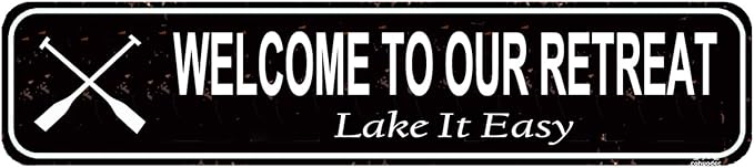 Welcome to Our Retreat 'Lake It Easy' Metal Sign - Rustic Canoe Paddle & Lake House Decor - Relaxing Front Door Welcome Sign - Vintage Tin Wall Art - 16 x 4 Inch