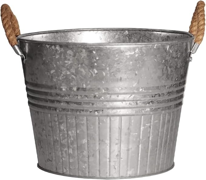Headwind Decorative Planter - Round Galvanized Bucket w/Rope Handles – 6 Inch Metal Tub Bucket Planter for Outdoor Plants w/Drainage Hole – Galvanized Large Outdoor Planters Buckets by Robert Allen