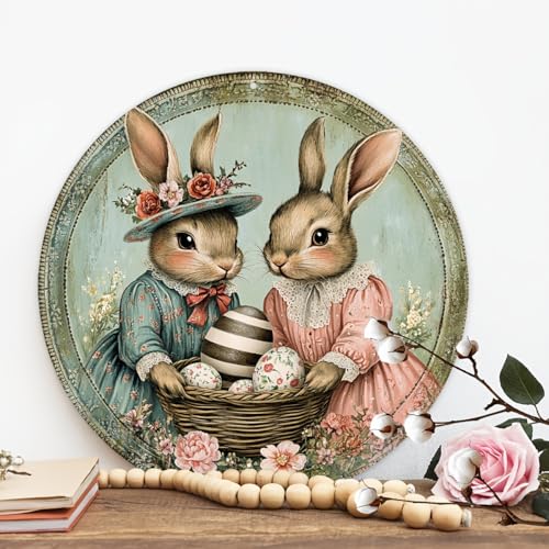 Victorian Bunnies Easter Basket Round Aluminum Metal Sign for Home Farmhouse Wall - 8x8 Inch - Image 5