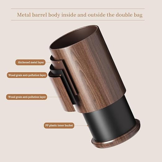 8L/2.1GAL Dark Brown Modern Metal Waste Bin with Realistic Wood Texture,Built-in Bag Holder,Office Trash Can,Open-Top Trash Bin,for Bathroom,Home,Office,Living Room (2.1gal Round)