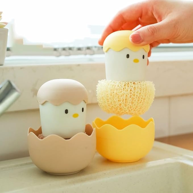 Cleaning Brush with Eggshell Chicken Themed Design and ForNano Fiber Cleaning Ball for Dishwashing and Pot Scrubbing with Ergonomic Handle and Compact Storage (2pcs-Yellow)