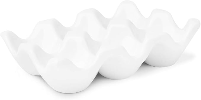 Flexzion Ceramic Egg Holder for Fridge - 6 Cups Egg Tray Half Dozen Porcelain Container Keeper Storage Organizer Decorative Serving Dish Serveware for Refrigerator Countertop Display Kitchen (White)