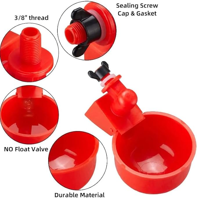 Red Chicken Waterer Gravity Water Cup Automatic Poultry Drinker | Conveniently use with Any Plastic Water Container or Bucket | No Float Design | 4 Cups