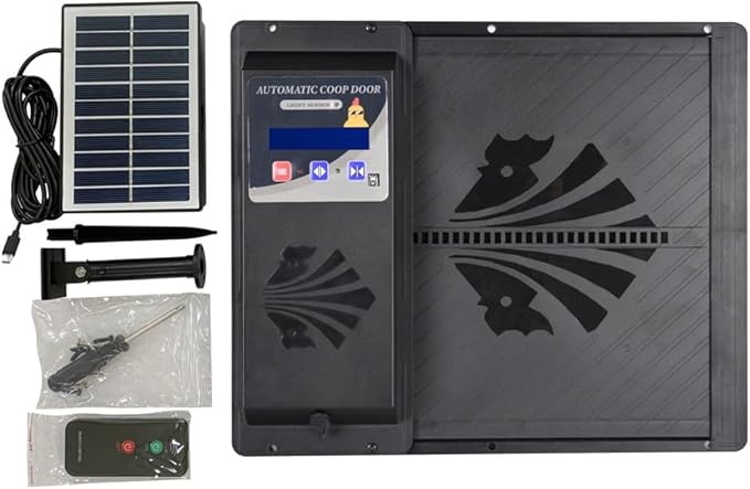 Automatic Solar Powered Chicken Coop Door, Light Sensor and Remote Control, Weatherproof Anti-Pinch Poultry Door(Black)