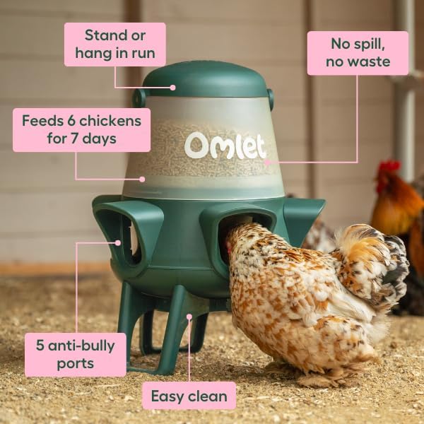 Omlet No Waste Chicken Feeder | No Spill Poultry Feeder | BPA Free 5 Anti-Bully Ports | Easy to Clean | Feeds 6 Hens for 7 Days | 12lb