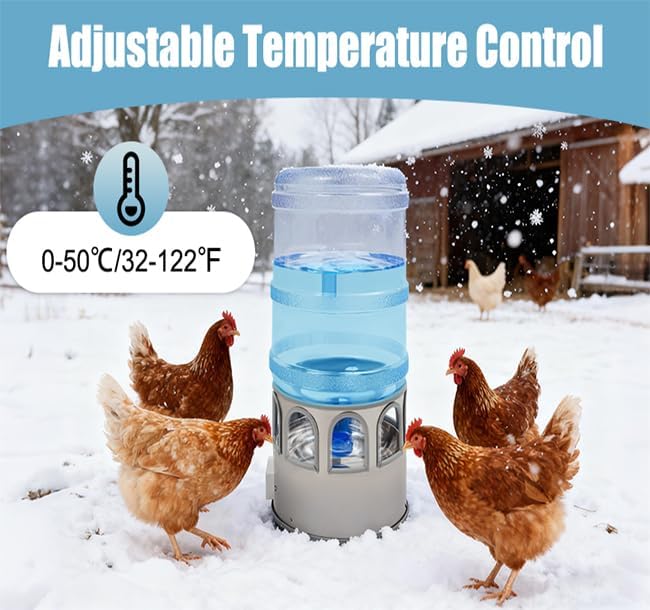 Chicken Water Heater with 5 Gallon Bucket, Heated Poultry Waterer with LED Display, Temp Adjustable(32-122℉), 80W, All-Season Use