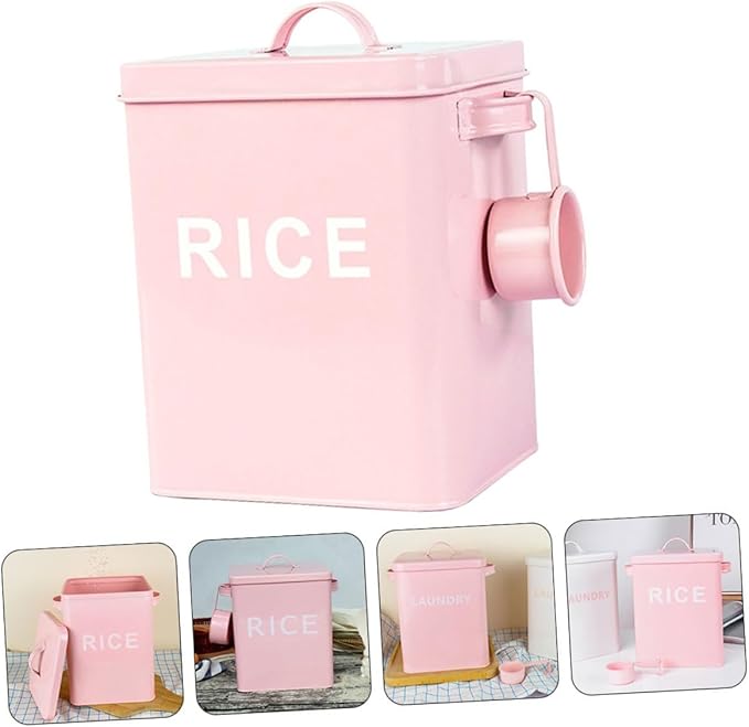 Mobestech Pet Food Storage Bucket with Airtight Seal and Measuring Cup, Metal Grain Storage Bin for Dog and Cat Food, Moisture-proof Rice Container Suitable for Household Use, Pink