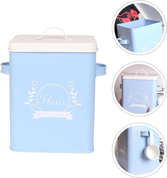 Iron Rice Bucket and Bread Storage Box, Galvanized Metal Kitchen Organizing Container, Blue Multi-function Grain and Snack Storage Bin for Home Use