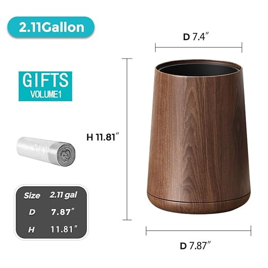 2.1 Gallon Metal Imitation Wood Grain Bathroom Trash Can, Modern, Open Top Wastebasket, Small Garbage Can for Under Desk Kitchen Home Office Bedroom (Taper)