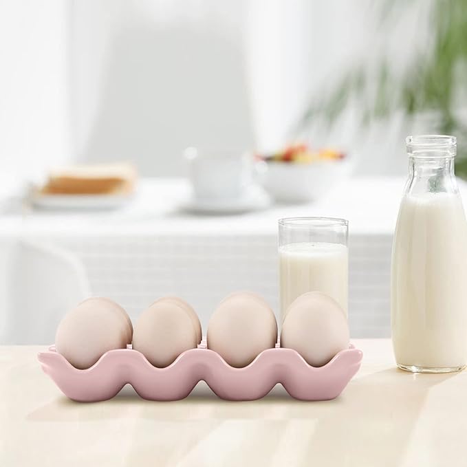 Flexzion Ceramic 12 Cups Egg Tray - Whole Dozen Porcelain Egg Holder Container Keeper Storage Organizer Decorative Serving Stand Serveware for Refrigerator Fridge Countertop Display Kitchen (Pink)