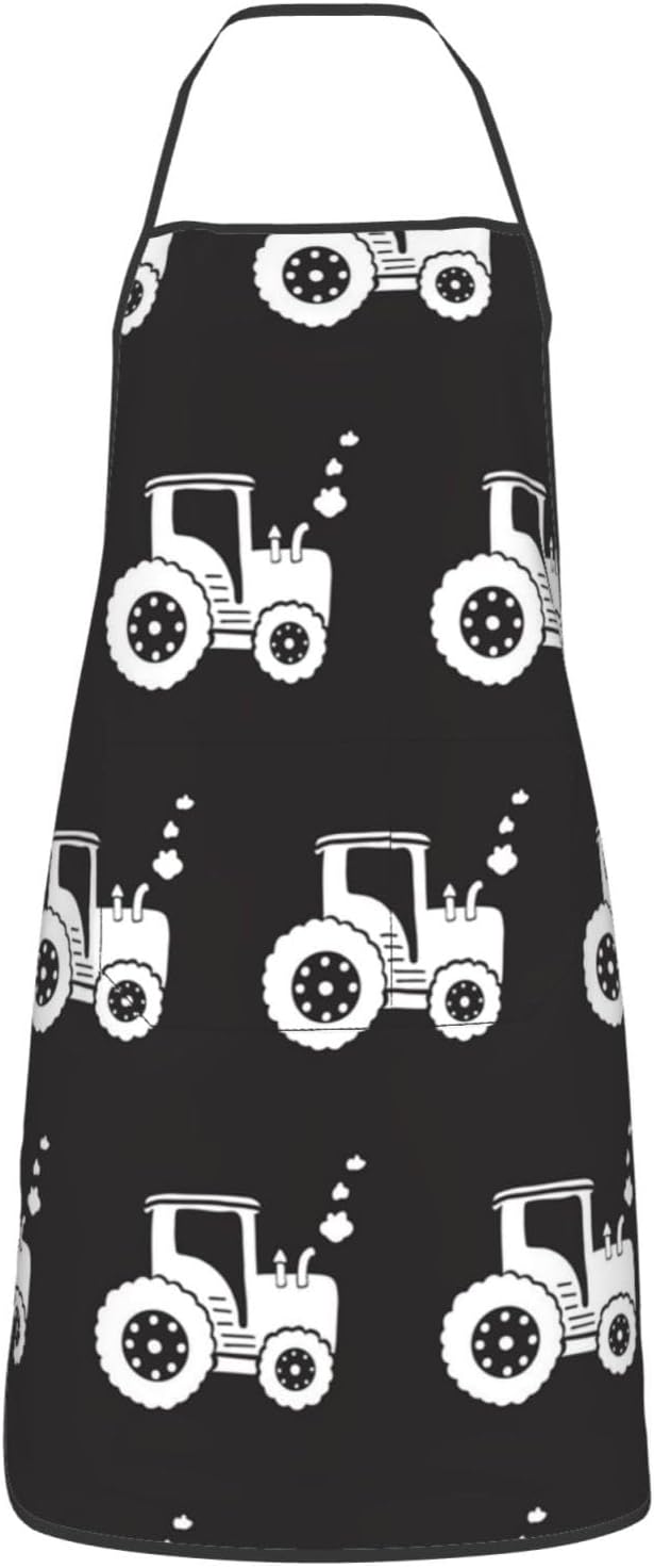 Apron for Women And Men, Waterproof Adjustable with Pocket Washable Cooking Apron, Chef Grilling BBQ Baking Crafting, Personalized Tractors White Black