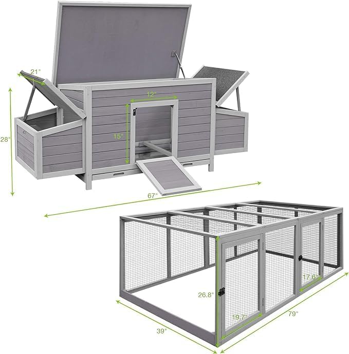 GUTINNEEN 103 in Large Chicken Coop and Run, Outdoor Wooden Chicken House for 4-6 Chickens, Hen House Poultry Cage with Nest Box, Grey