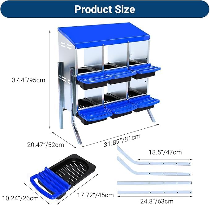 Chicken Nesting Box, 6-Compartment Egg Laying Box, Convenient for Collecting Eggs, Ventilated Poultry House Equipment in Metal Chicken Coop, Suitable for Hens and Ducks, (Blue, with Stand)