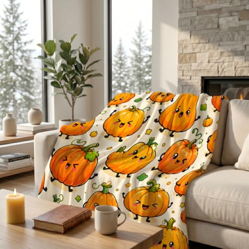 Kawaii Pumpkin Blanket, Happy Faces Fall Harvest Design 50×60 - 50"x60", Autumn Pumpkin, Polyester - Image 2
