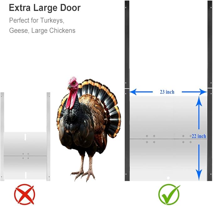 JVR Automatic Turkey Coop Door with Timer, Programmable – Extra Large 22"x23" Opening, Anti-Pinch Auto Reopen & Stop Safety, Waterproof Aluminum Door for Turkeys, Ducks, Geese, Large Chickens