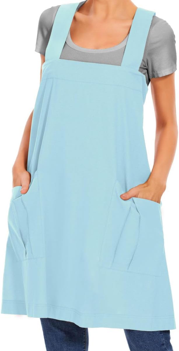 Larmliss Women's Cotton Cross Back Apron Pinafore Dress with Big Pockets Loose Square Apron for Baking Cooking Gardening