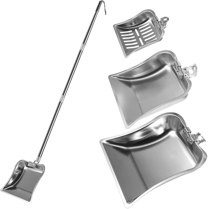 3 Pack Chicken Poop Scooper, Full Stainless Steel Chicken Coop Rake with Adjustable 24"-53" Handle, Multi-Size Poop Scooper for Cleaning Chicken Coop, Rust-Proof Shovel for Sand/Shavings