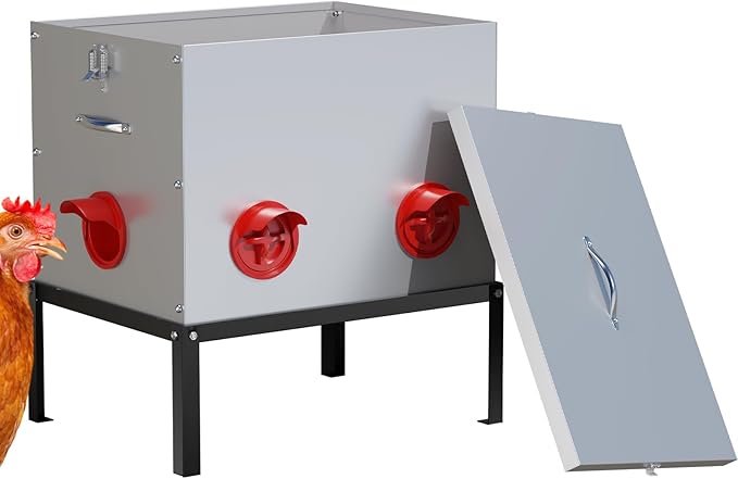 50LB Large Automatic Chicken Feeder,6 Port Large Metal Chicken Feeders,with Raise The Base Frame,Waterproof Galvanized Steel Poultry Feeder with Locking Lid for Chicken Coop