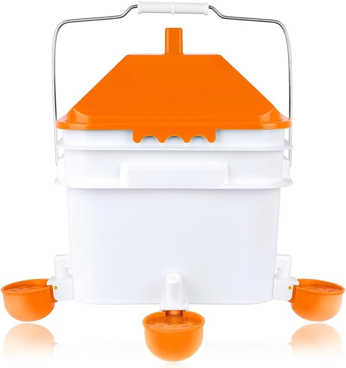 Chicken Waterer with 4 Water Cups,2 Gallons Watering Bucket with Automatic Chicken Waterers, Hanging Chicken Waterer Suitable for Chicken, Ducks, Pigeons and Quails(Orange)