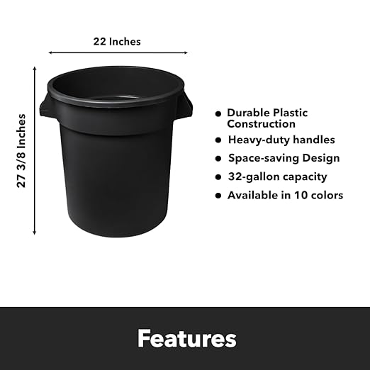 Feed and Seed Storage Container, 32 Gallon Black Round Commercial Trash Can with Lid and Dolly, Food Storage Plastic Bin, Use in Agricultural, Gardening, or Household