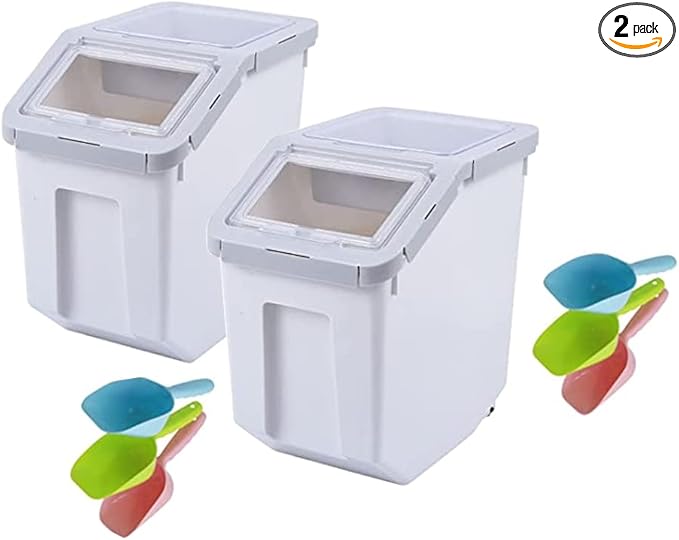 25LB/13L Airtight Flour Rice Grain Cereal Storage Container With Spoon & Measuring Cup & Handle, 2 Pack (Holds 50LBS) Pet Dog Cat Dry Food Bin, Easy to Move & Keep Food Fresh(400 oz)