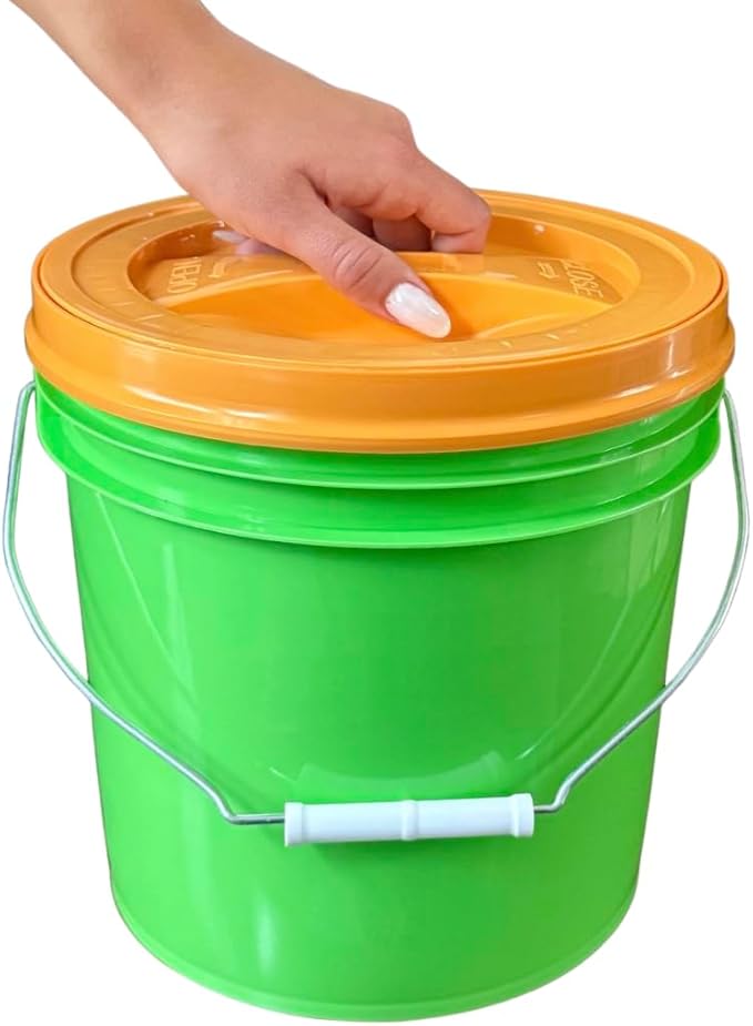 House Naturals 2 Gallon Food Grade - BPA Free Made in USA Buckets Lime Color pails with Screw On Gasket Lids (1, Lime - Orange lids)