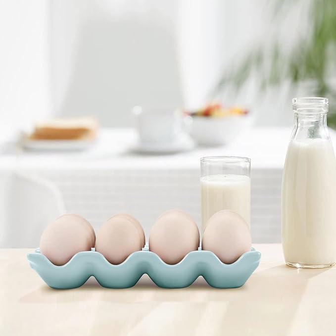 Flexzion Ceramic 12 Cups Egg Tray - Whole Dozen Porcelain Egg Holder Container Keeper Storage Organiser Decorative Serving Stand Serveware for Refrigerator Fridge Countertop Display Kitchen
