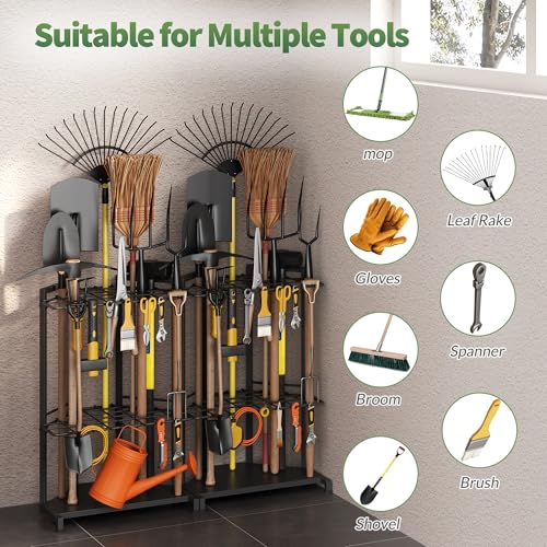 Garden Tool Organizer for Corner, Heavy Duty Metal Rack with 34 Storage Compartments & 14 - Black, Alloy Steel, Long-Handled Tools - Image 4
