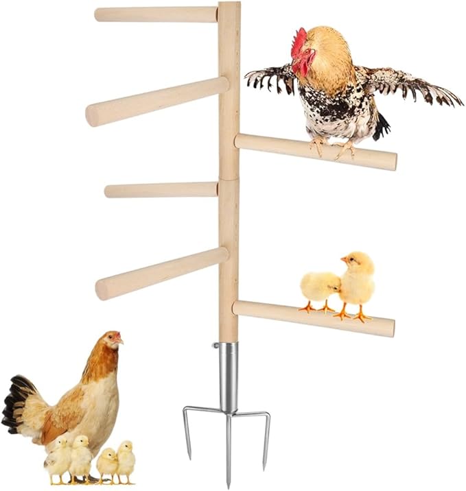 Extra Large Chicken Perch Toy for Coop, 39.4" Roosting Bar for Chicken Coop Toys, Chicken 6 Branches Perch Stand Wooden with Metal Tripod Ground Plug for Poultry Rooste