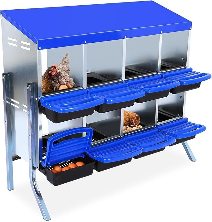 Chicken Nesting Box, 8-Compartment Egg Laying Box, Convenient for Collecting Eggs, Ventilated Poultry House Equipment in Metal Chicken Coop, Suitable for Hens and Ducks, (Blue, with Stand)