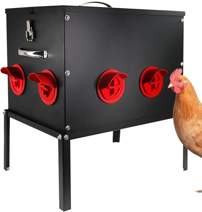 Automatic Chicken Feeder –50 lbs 8 Feeding Ports,Large Metal Chicken Feeders - No Waste Poultry Feeder with Locking Lid and Legs for Inside Coops
