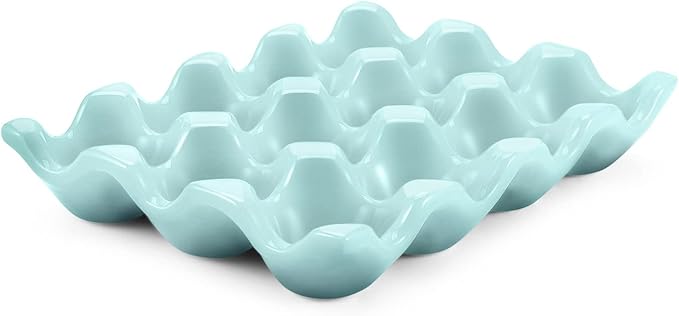 Flexzion Ceramic 12 Cups Egg Tray - Whole Dozen Porcelain Egg Holder Container Keeper Storage Organiser Decorative Serving Stand Serveware for Refrigerator Fridge Countertop Display Kitchen