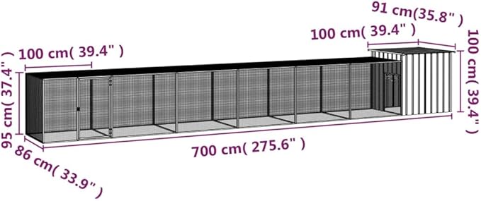Extra Large Chicken Cage Expandable Outdoor Poultry Run, Galvanized Steel Walk-in Enclosure for Ducks and Small Animals, Grey, 275.6 x 36 x 39.4 Inches