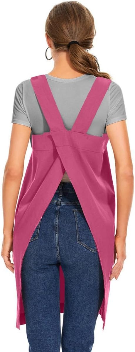 Larmliss Women's Cotton Cross Back Apron Pinafore Dress with Big Pockets Loose Square Apron for Baking Cooking Gardening