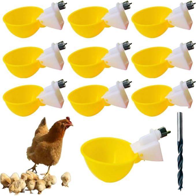 Poultry Waterer Cups 10 Packs Chicken Water Cups for PVC with Tee Automatic Chicken Waterer Kit for Poultry Chicks Duck Goose Turkey Bird and Bunny with Mounting Hole Opener (Yellow)