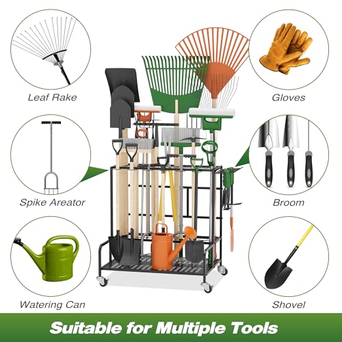 Garden Tool Organizer Rack with Wheels Up to 39 Tools - Black, Alloy Steel, Broom Holder & Garden Tool Rack for Shed - Image 4