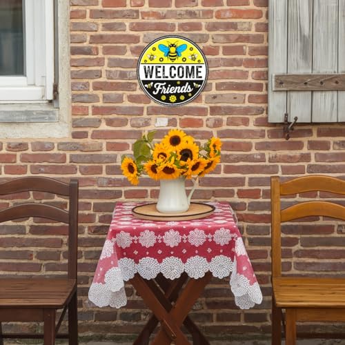 Welcome Friends Round Aluminum Metal Sign Retro Yellow Black Bees Flowers for Home Cafes - 8x8 Inch - Image 6