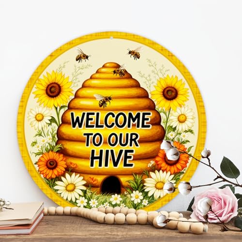 Welcome to Our Hive Round Aluminum Sign Retro Sunflowers Sign for Home Farmhouse Wall - 8x8 Inch - Image 5