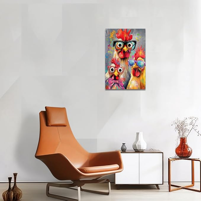 ZQQART Rooster Canvas Wall Art Funny Chicken Portrait Picture Prints Rustic Animal Painting Artwork Farmhouse Kitchen Decor Framed(Yellow,12.00" x 18.00")