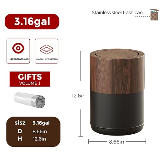 3.1 GAL Modern Metal Trash Can with Realistic Wood Texture,Built-in Bag Holder,Flip Lid,Small Bathroom Garbage Can for Bathroom,Home,Office,Living Room (3.1gal Swing lid)