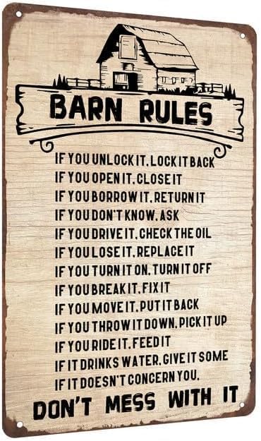 Barn Rules Sign Vintage Metal Sign Farm Farmhouse Ranch Wall - (Aluminum) 12 inch x 8 inch