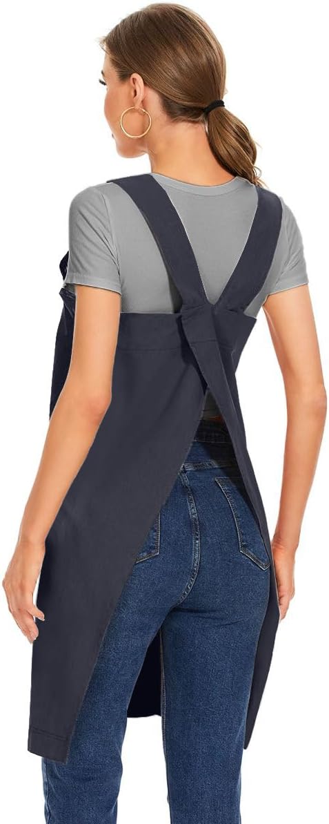 Larmliss Women's Cotton Cross Back Apron Pinafore Dress with Big Pockets Loose Square Apron for Baking Cooking Gardening