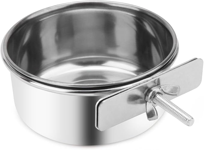 Pet Food Water Bowl with Clamp Holder Stainless Steel Coop Cup Hanging Feeder for Dog Bird Parrot Cat Rabbit (S)