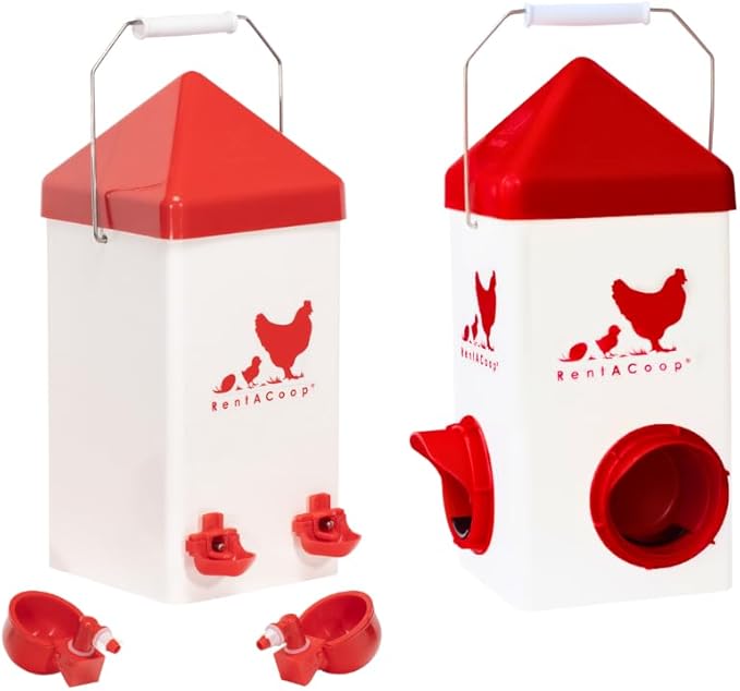 RentACoop Chick2Chicken 5lb 2-Port Feeder and 1-Gal Small Cage Waterer Set - Suitable for Chicks, Chickens, Pigeons, Quail, Game Birds