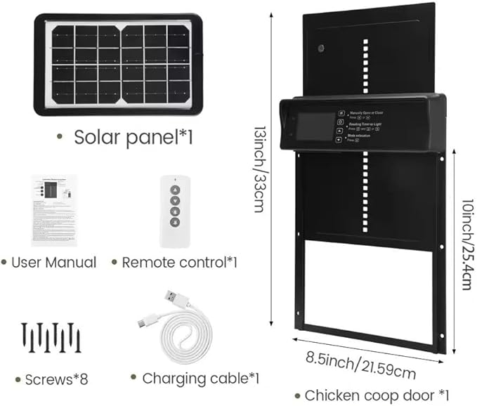 BeyondFeed™ Solar Automatic Chicken Coop Door with LCD Screen – 4 Control Modes (Light Sensor/Timer/Remote/Button), AI Anti-Pinch, Waterproof, Easy Install